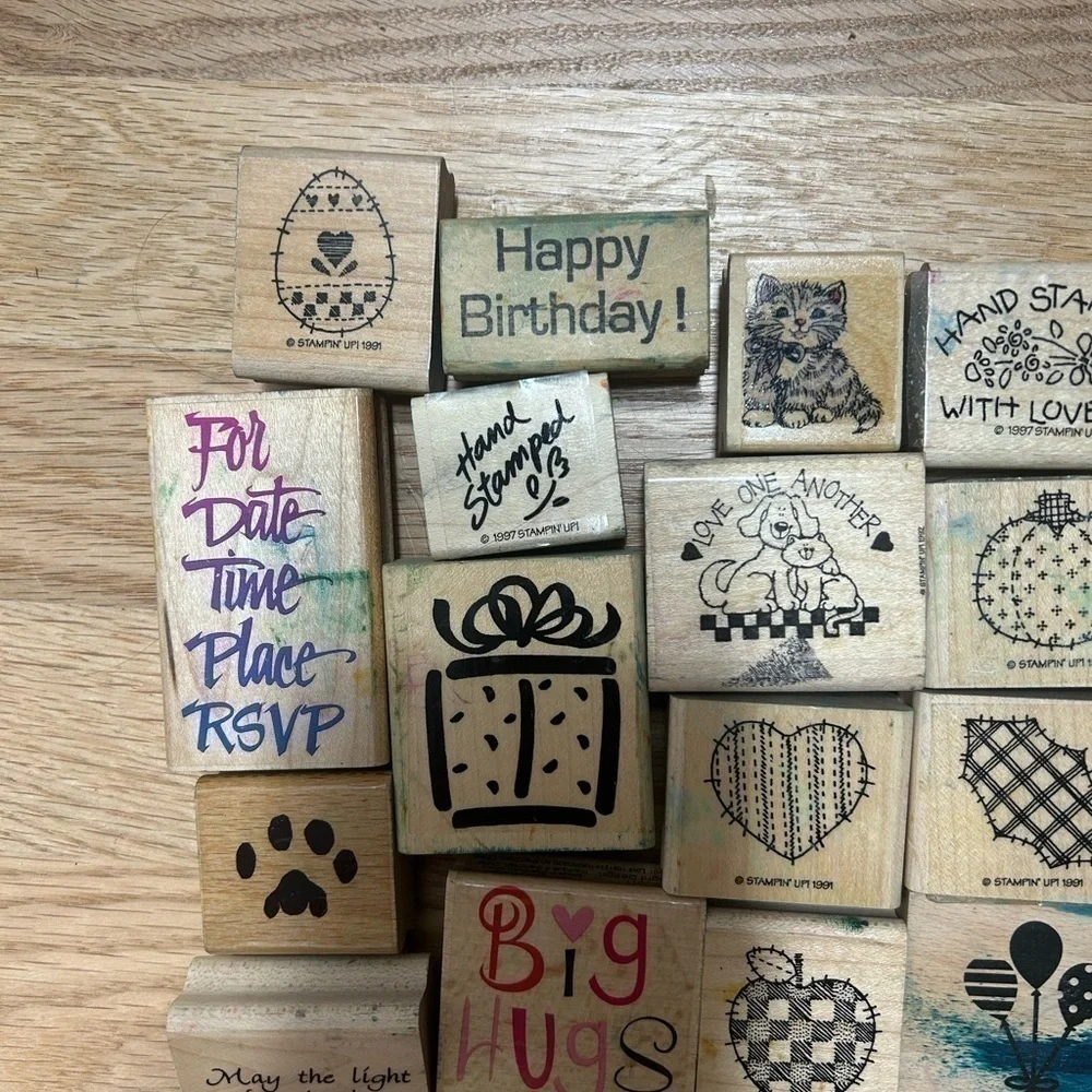 Vintage Rubber Stamp Bundle Lot Wooden Birthday Cat Hugs Invitation Balloons